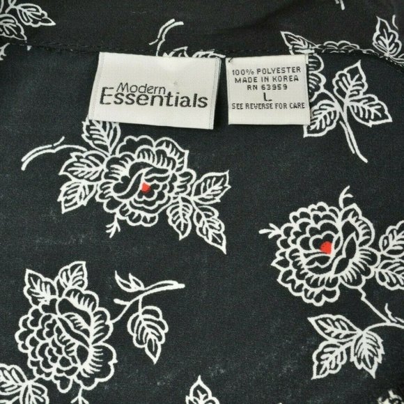 VTG Modern Essentials Sz L Womens BLACK White FLORAL 3/4 Sleeve Button Up BLOUSE - Picture 5 of 9
